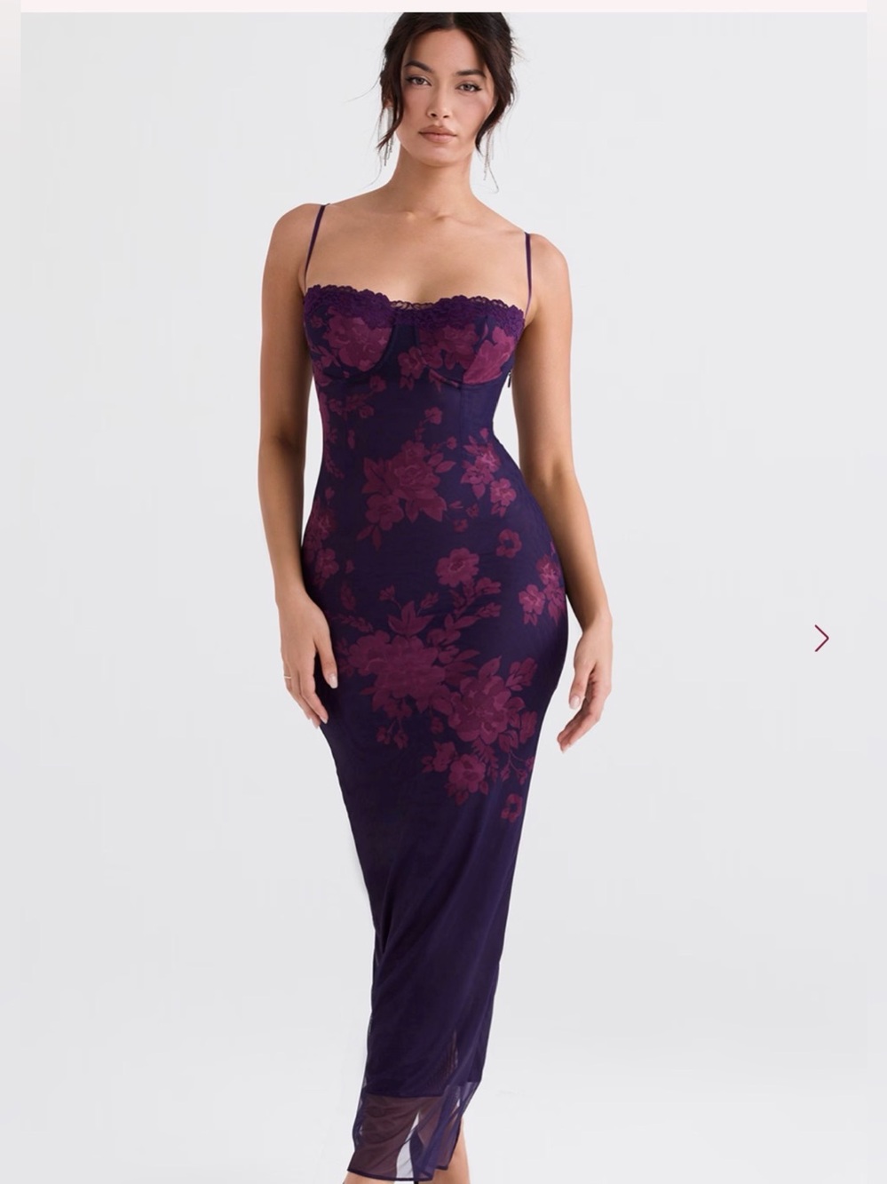 Grape Purple Floral Lace Corset Look Slip Midi Dress